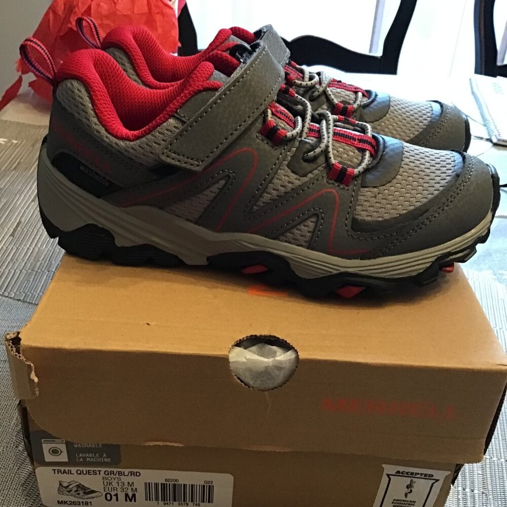 Brand New Merrill Boy's Trail Quest Sneakers, Suze 1M--Gray, Black, Red
